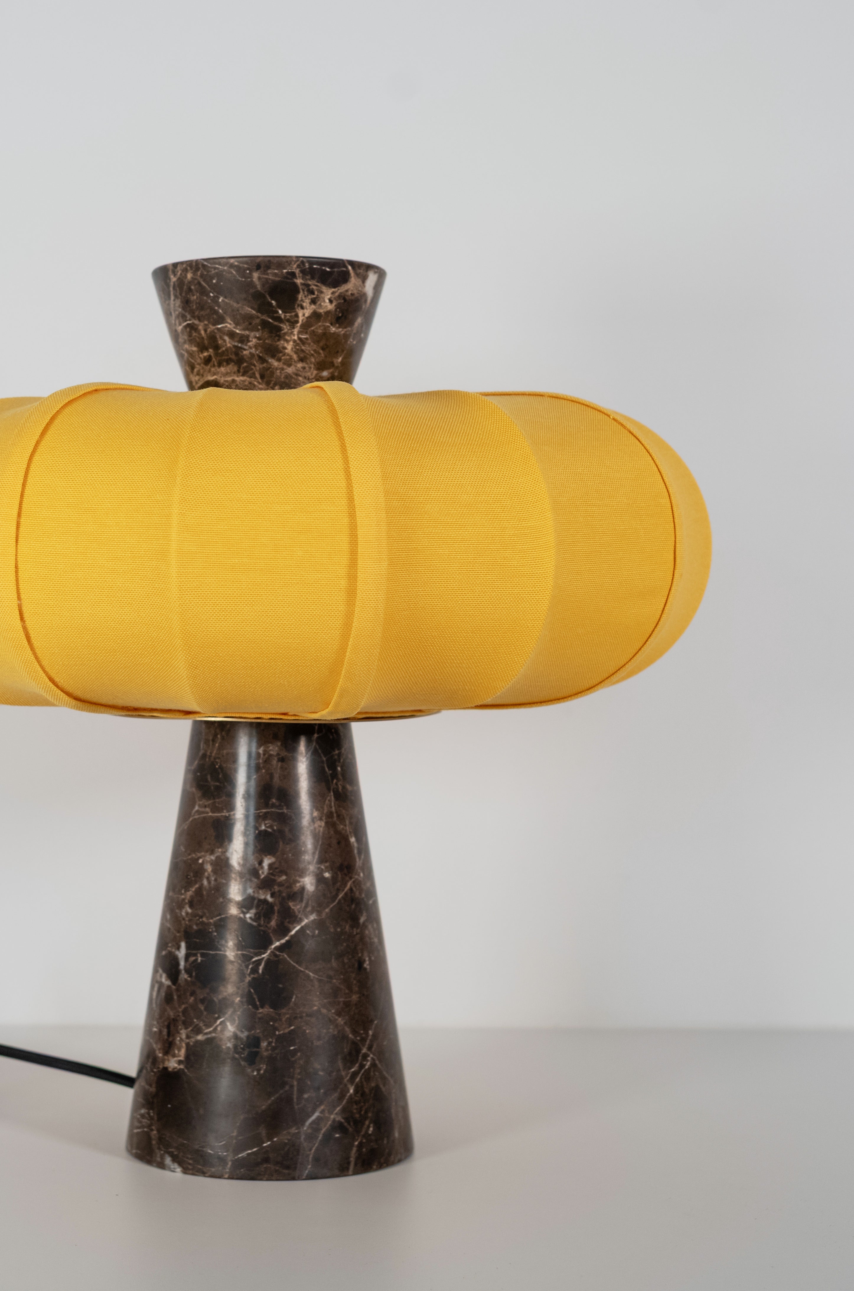 Andorra Table Lamp 2.0 | Emperador Brown Marble, Cadmium Yellow Cotton Shade